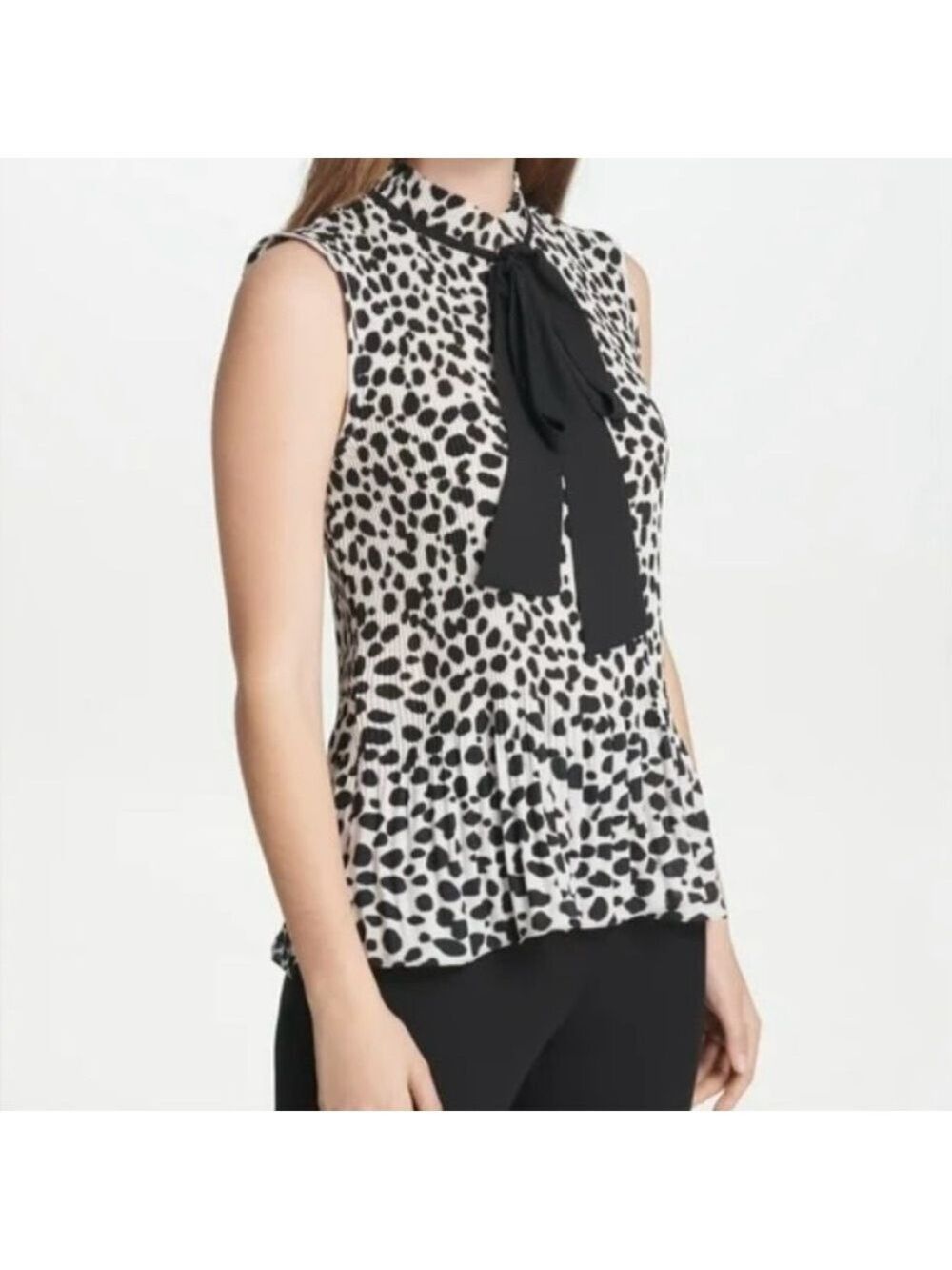 DKNY Women’s White Pleaded Animal Print Sleeveless Tie Neck Blouse